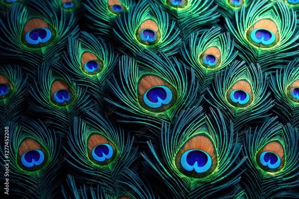 Fototapeta premium Vibrant peacock feather pattern, iridescent blues & greens, image, design