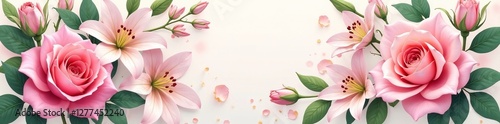 Vibrant vector pastel roses and lilies intertwined in a floral design, background, spring