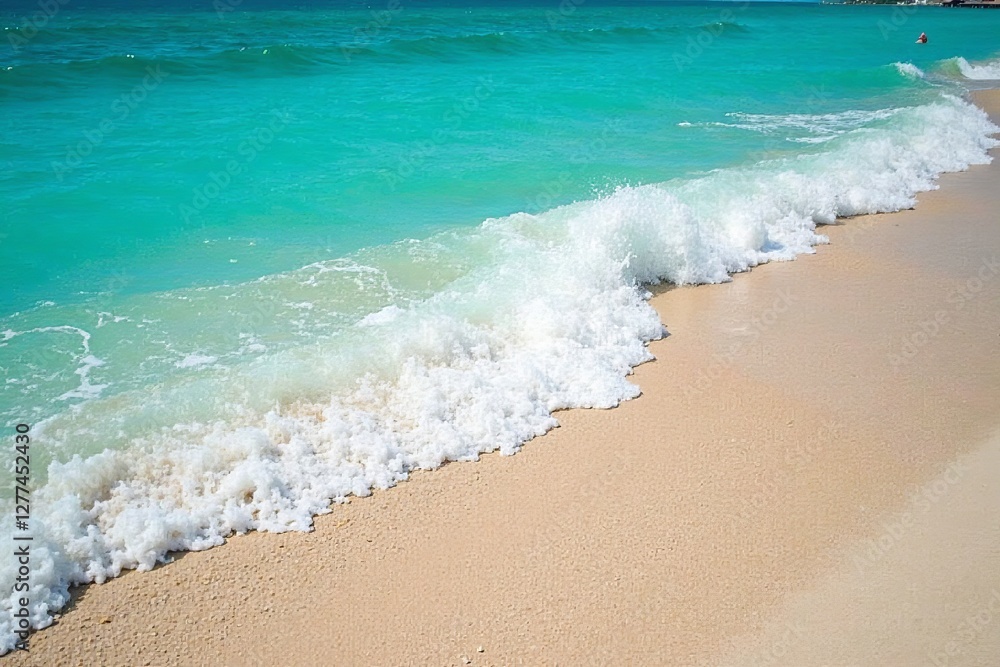 Vibrant turquoise waves gently lapping on sandy shore, tropical summer vacation scene, waves, background Vibrant turquoise waves gently lapping on sandy shore, tropical summer vacation scene, waves, background