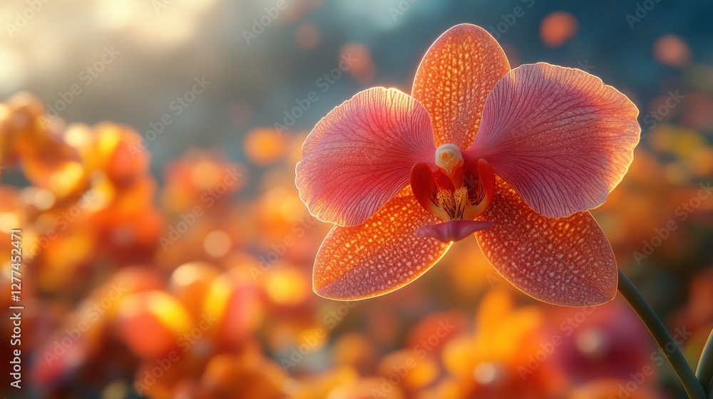 Close-up of a pink orchid in a field of orchids at sunset. Close-up of a pink orchid in a field of orchids at sunset.
