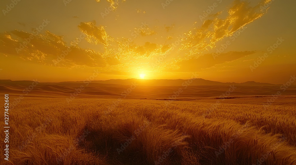 Golden sunset over a vast wheat field, rolling hills in the background. Golden sunset over a vast wheat field, rolling hills in the background.