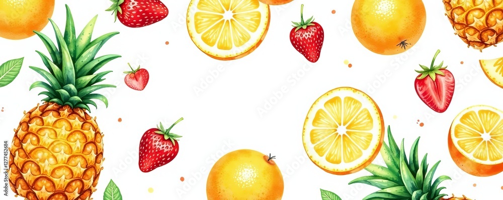 Vibrant watercolor fruit pattern on white background with pineapples, strawberries, and oranges, tropical, orange Vibrant watercolor fruit pattern on white background with pineapples, strawberries, and oranges, tropical, orange