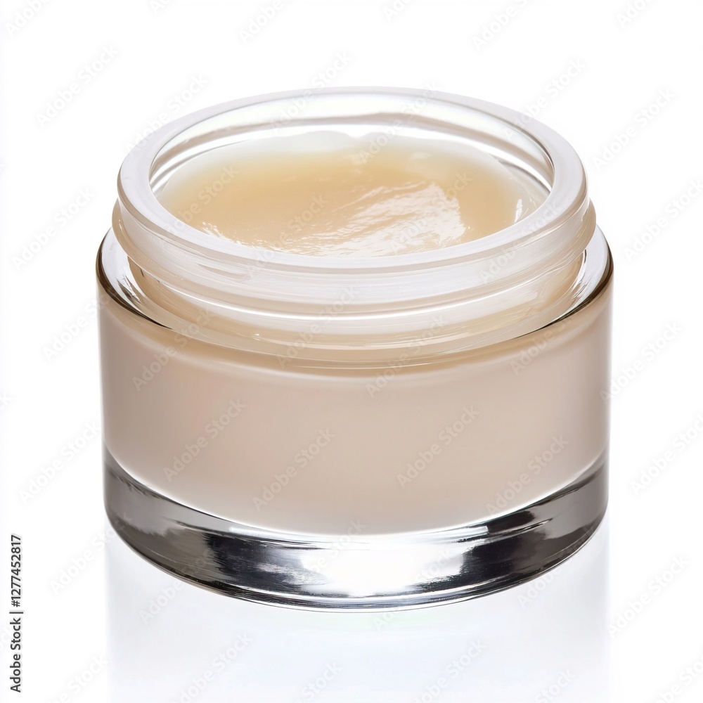 Cream in Clear Glass Jar with Smooth Texture and Simple Design, Spa and massage shop equipment and tools concept. Cream in Clear Glass Jar with Smooth Texture and Simple Design, Spa and massage shop equipment and tools concept.