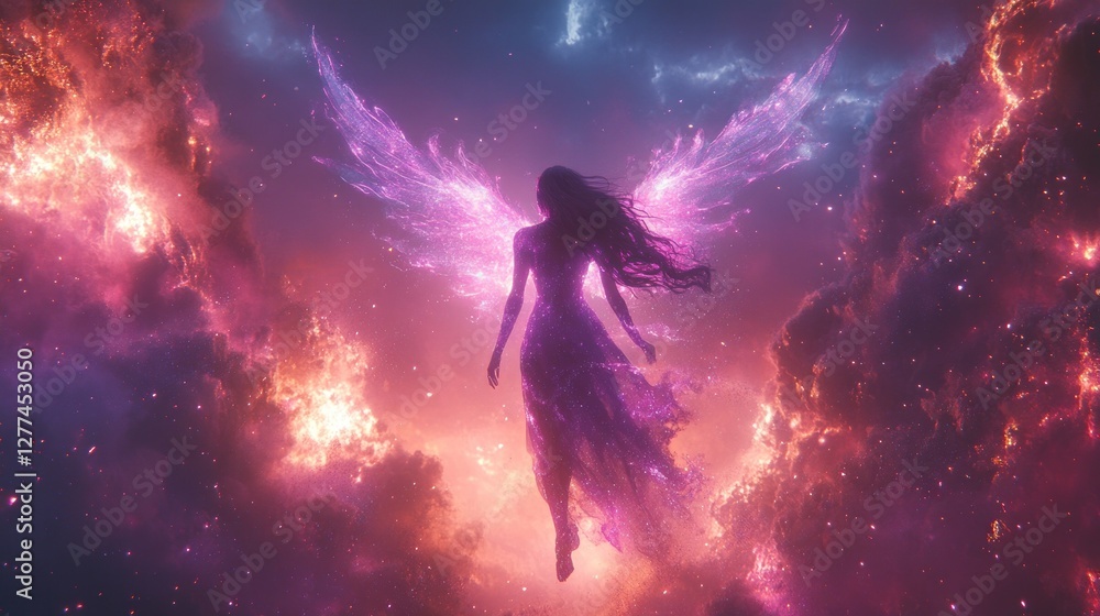 Celestial being with fiery wings floats amidst cosmic clouds. Celestial being with fiery wings floats amidst cosmic clouds.