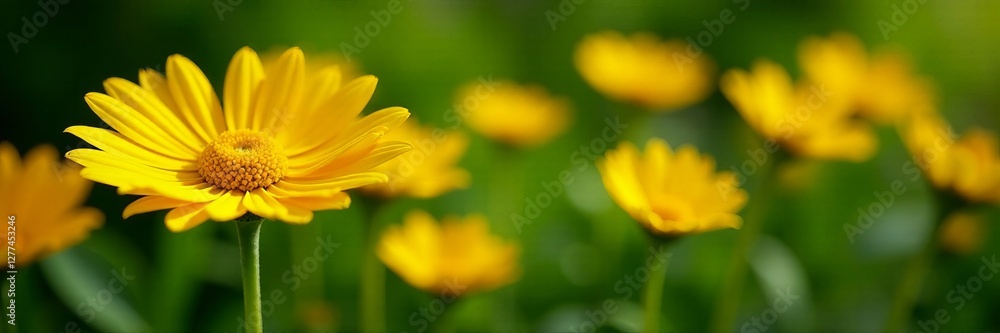 Vibrant yellow daisy flowers with green leaves in a garden, close-up, outdoors, meadow Vibrant yellow daisy flowers with green leaves in a garden, close-up, outdoors, meadow