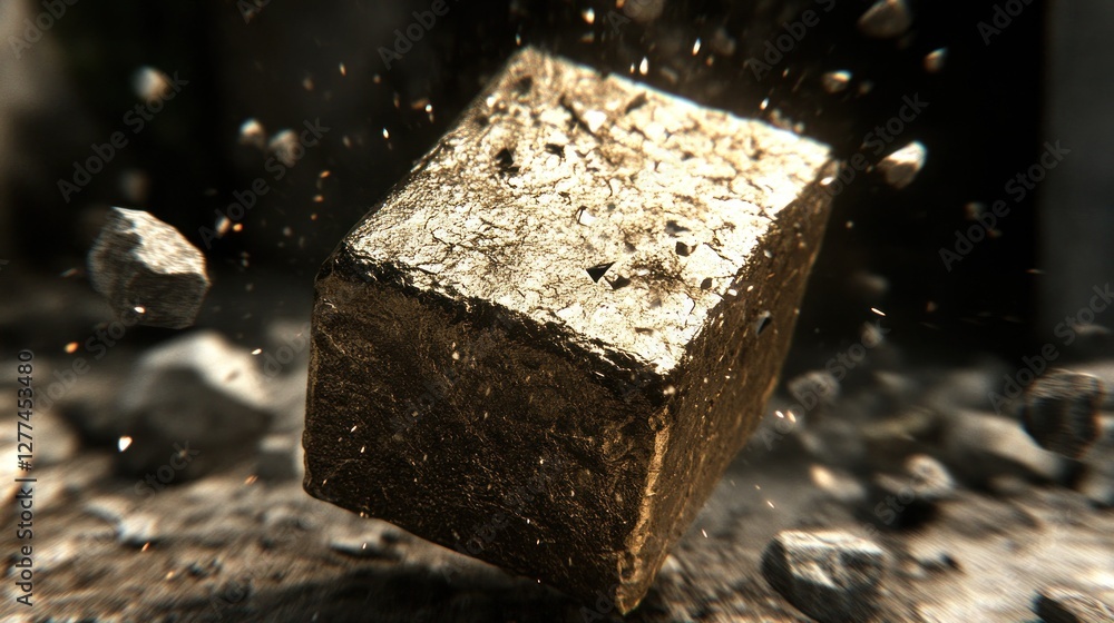 Golden cube impacting ground, rocks flying, dust and debris. Golden cube impacting ground, rocks flying, dust and debris.