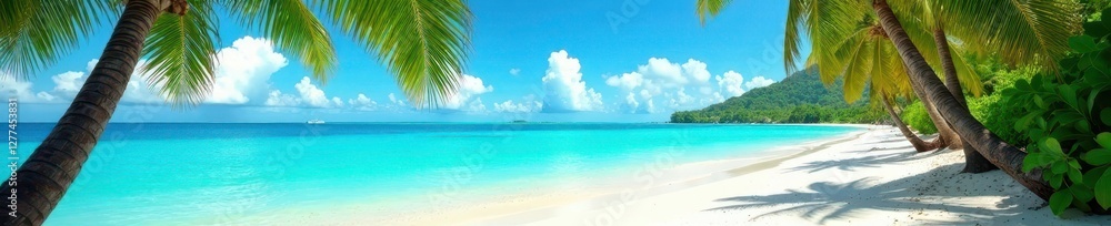 Vibrant beach scene, turquoise water, lush palms, color, summer, water Vibrant beach scene, turquoise water, lush palms, color, summer, water