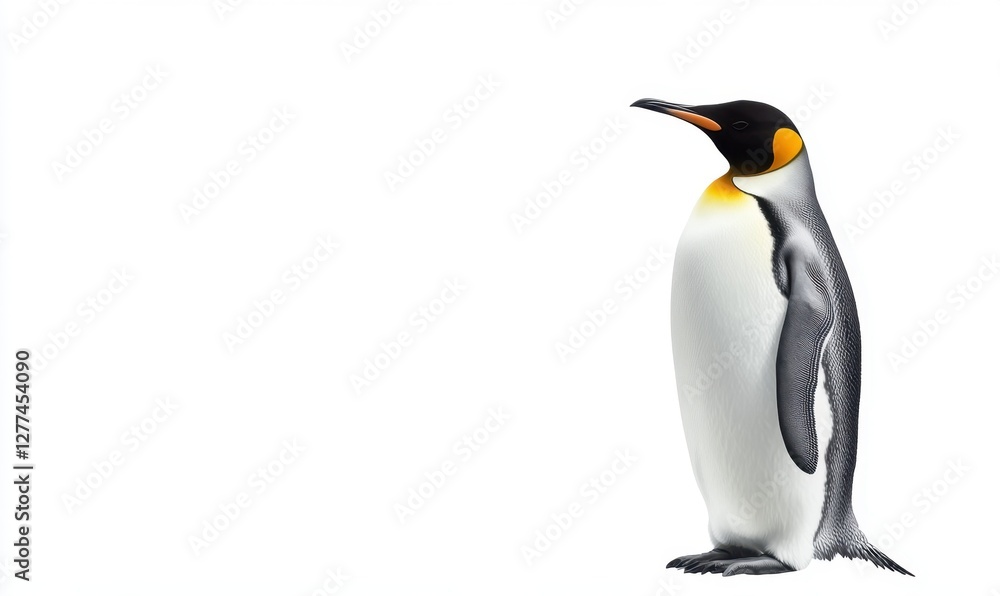 Obraz premium A solitary emperor penguin standing elegantly against a plain white background, showcasing its vibrant colors
