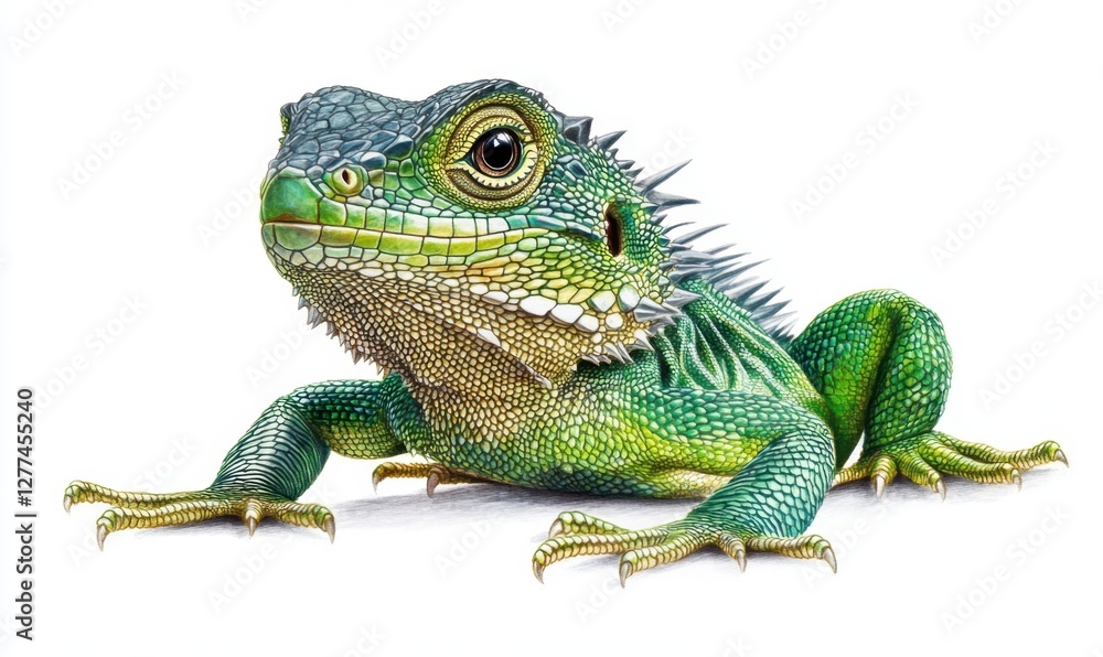 Fototapeta premium A vibrant green lizard resting on a white surface, showcasing its detailed scales and features