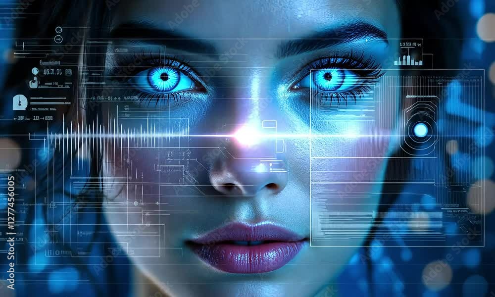 Close Up Portrait of Woman with Glowing Blue Eyes and Digital Overlay Close Up Portrait of Woman with Glowing Blue Eyes and Digital Overlay