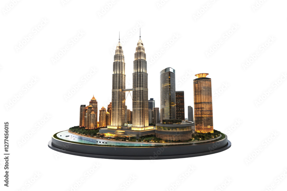 Obraz premium A high-detail model of Kuala Lumpur, highlighting the famous Petronas Towers and modern skyscrapers, with a surrounding river, isolated on a transparent background