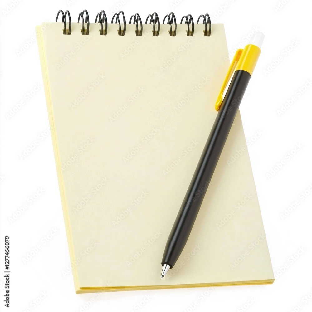 Blank Notebook with Yellow Pen on White Background for Notetaking, Office Supplies Concept. Blank Notebook with Yellow Pen on White Background for Notetaking, Office Supplies Concept.