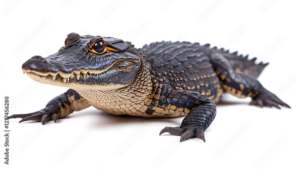 Portrait of a juvenile alligator with shiny eyes on white Portrait of a juvenile alligator with shiny eyes on white