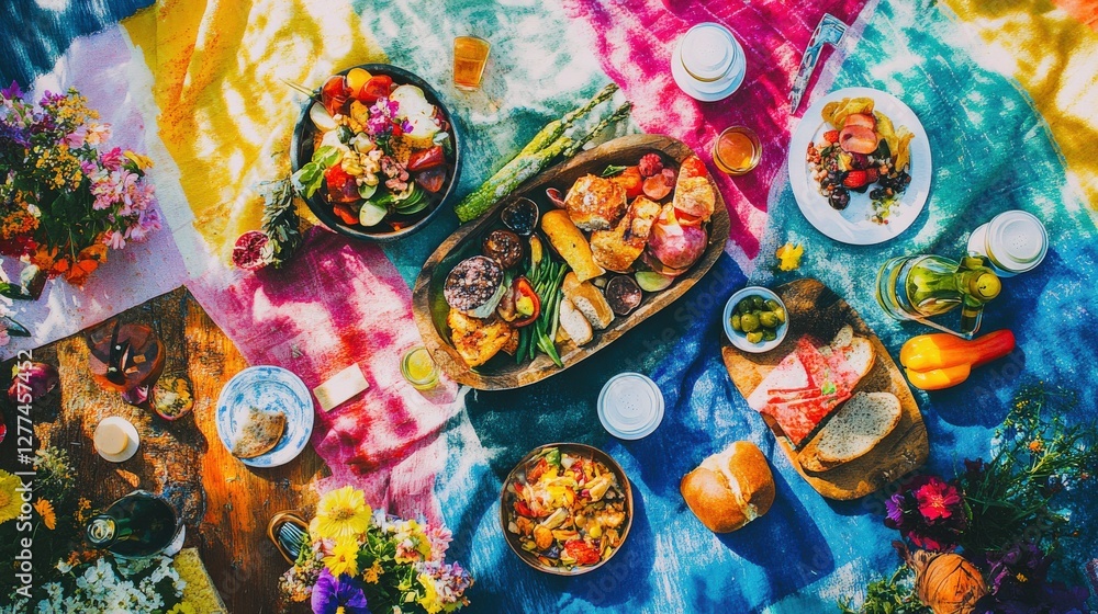 Fototapeta premium Vibrant brunch gathering outdoor picnic food spread colorful setting aerial view community and enjoyment