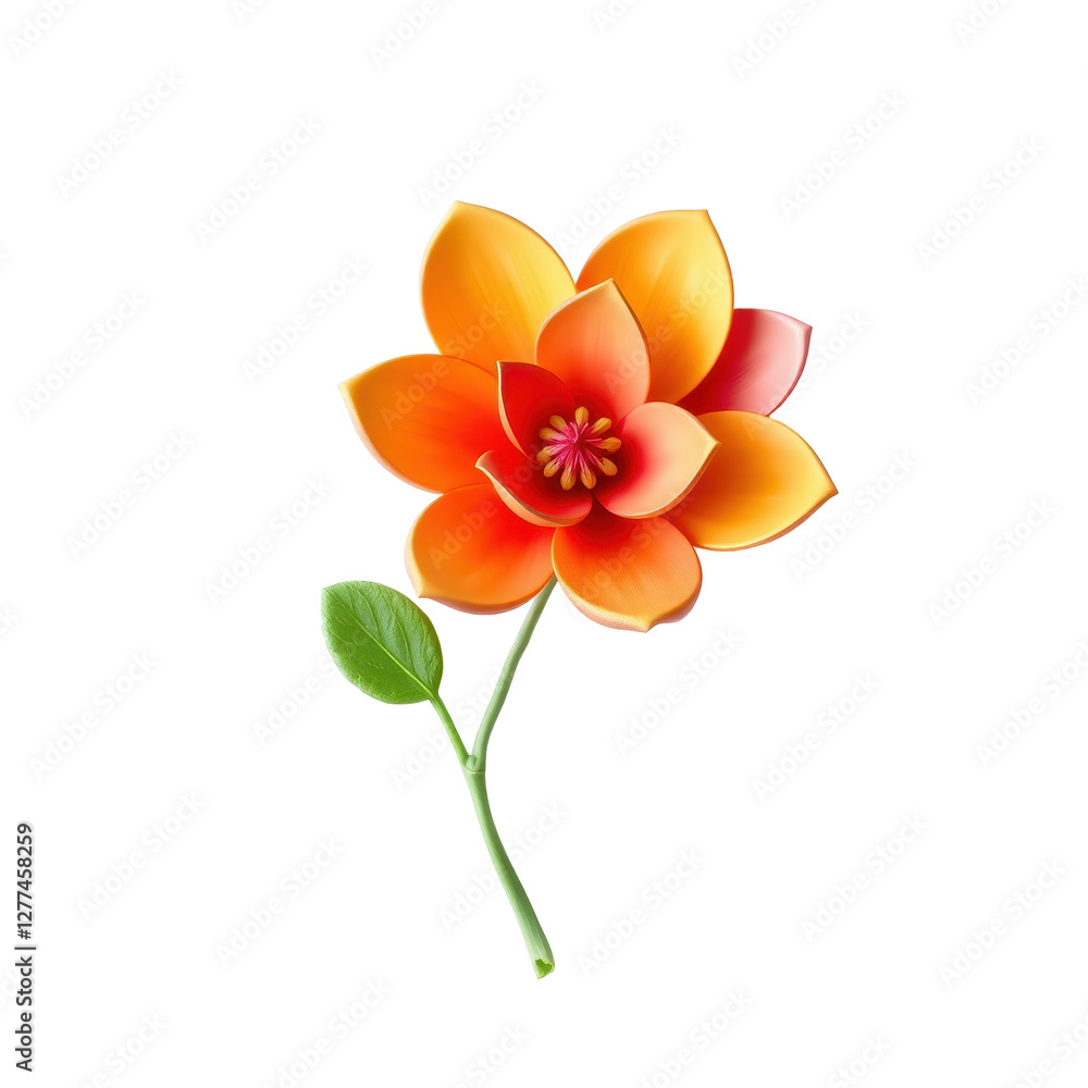 Fototapeta premium Bright Orange Flower with Petals and Leaf on a White Background