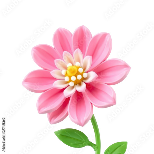 Vibrant Pink Flower with Soft Petals and Green Stem on White Background