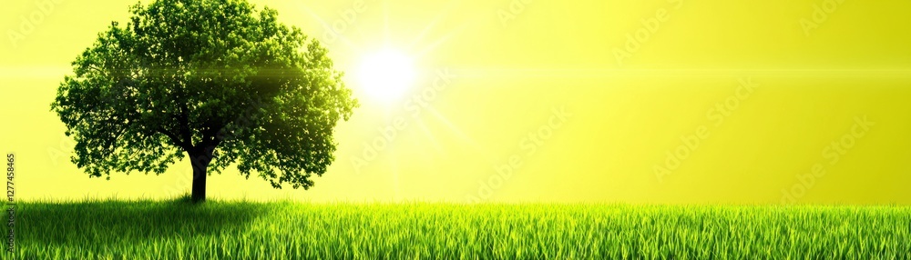 Sunny meadow with tree, tranquil scene, nature background, serene image