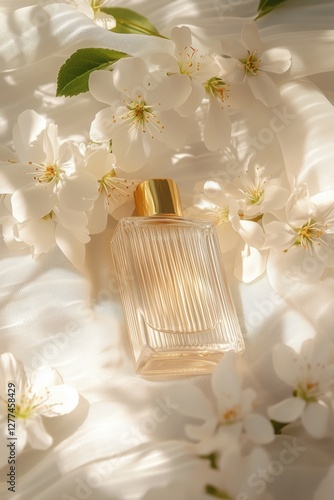 A perfume bottle surrounded by delicate white flowers with a soft light background