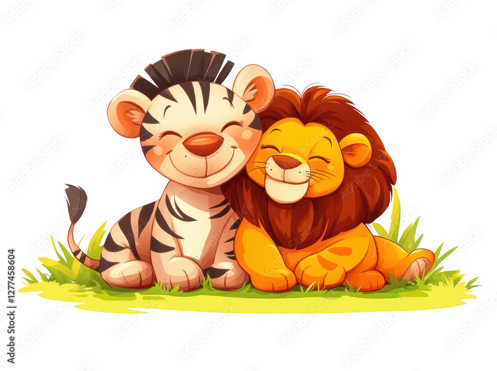 Naklejka premium Cute smiling animals sitting on grass, tiger and lion, radiating joy and friendship. Their playful expressions create heartwarming scene