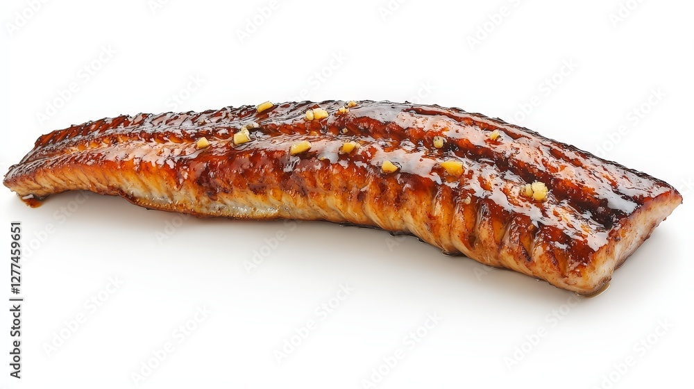 A glazed eel fillet, showcasing its shiny texture and grill marks. A glazed eel fillet, showcasing its shiny texture and grill marks.