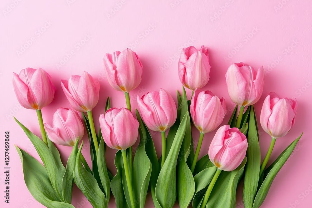 Fototapeta premium Charming spring bouquet of pink tulips on soft pink background for celebrations and special days