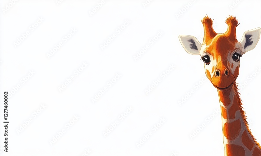 Fototapeta premium Cheerful cartoon giraffe with bright eyes against a minimalist white background, ideal for children's media