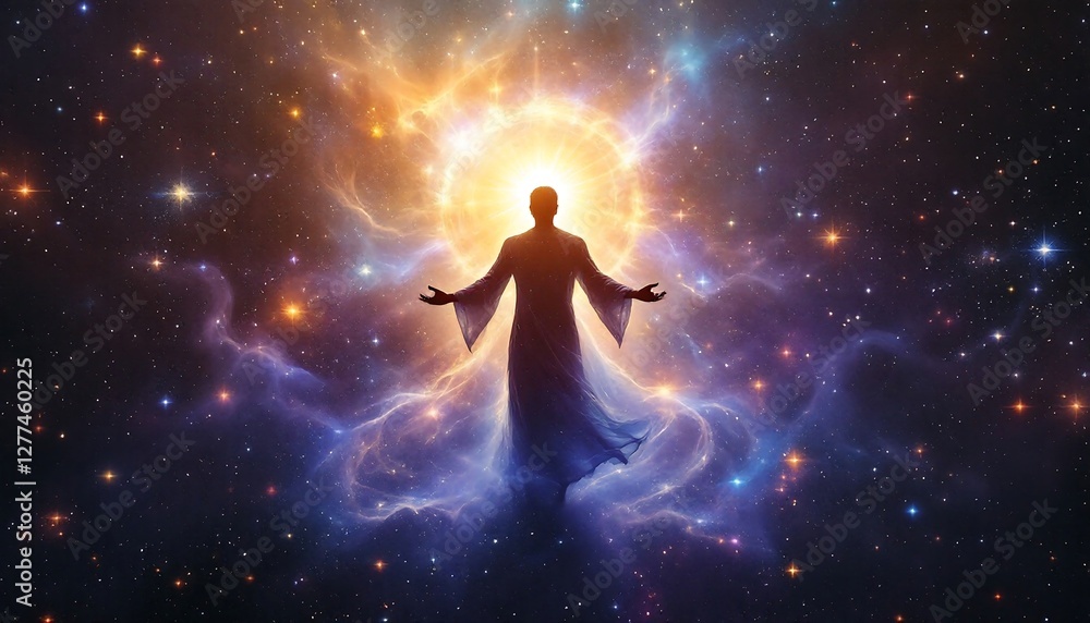 Naklejka premium Celestial Ascension: A Spiritual Journey into the Cosmos