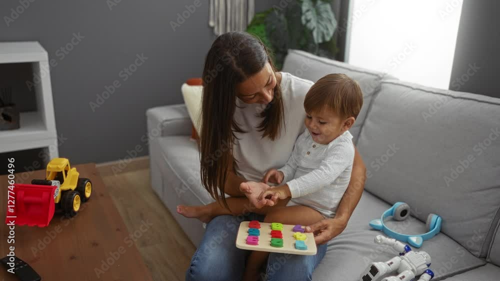 Woman holding son in apartment living room with toys on the table, showcasing family love and playful bonding indoors. Woman holding son in apartment living room with toys on the table, showcasing family love and playful bonding indoors.