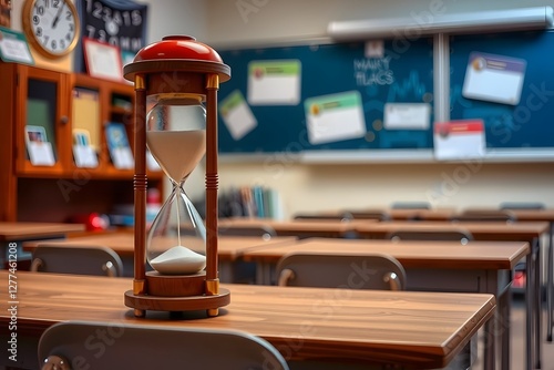 Hourglass on classroom desk in quiet empty school room