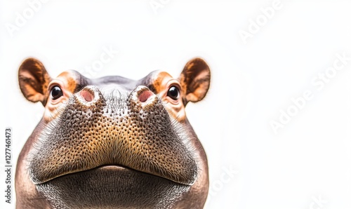 Close-up of a hippopotamus's face with a neutral expression against a white background