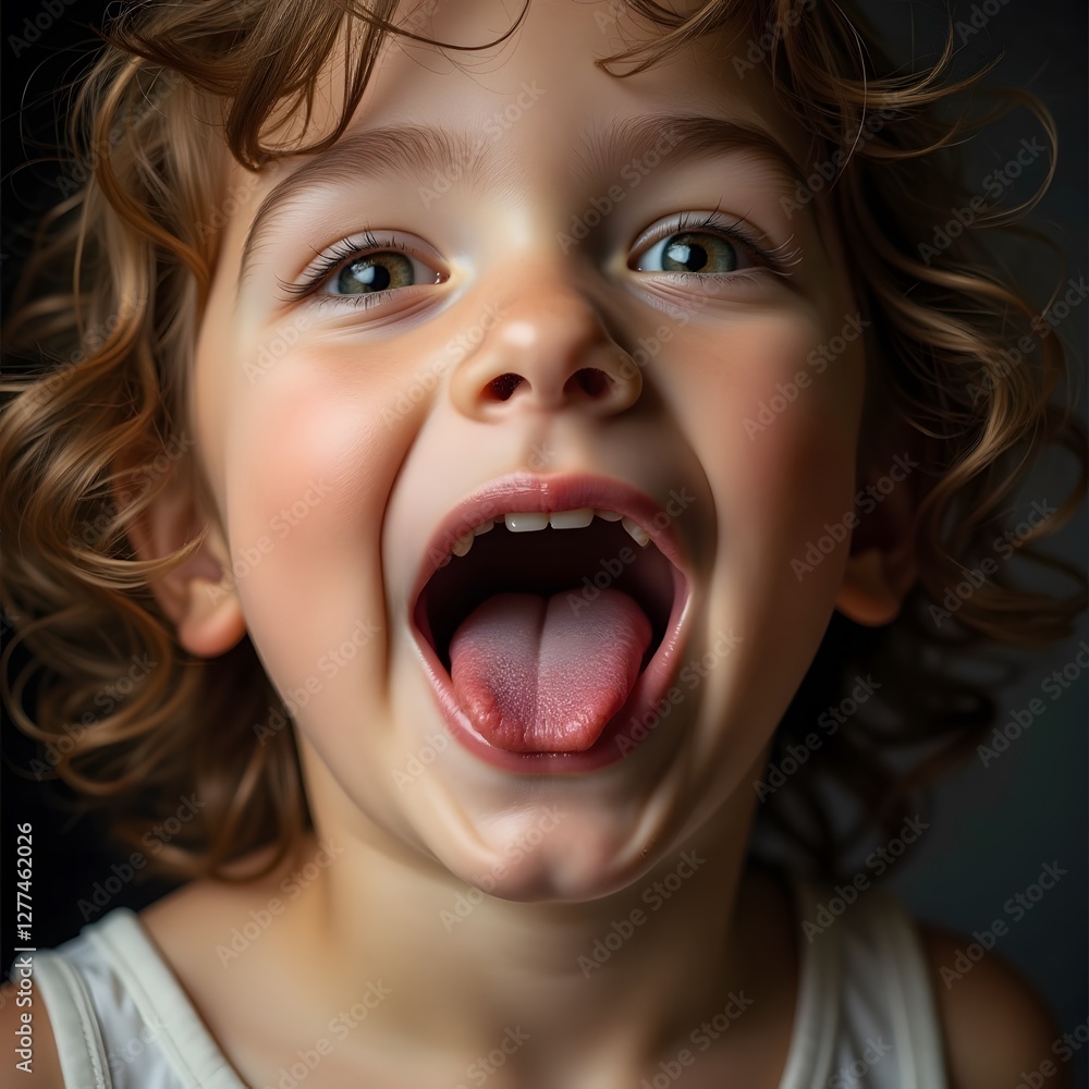 Energetic Caucasian child expressing joy with open mouth, tongue hanging out and curly hair Energetic Caucasian child expressing joy with open mouth, tongue hanging out and curly hair