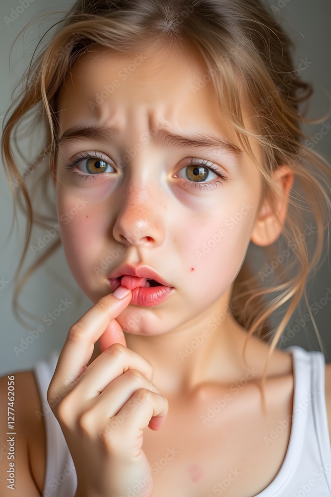 Caucasian girl with an upset expression in a white T-shirt bit her tongue Caucasian girl with an upset expression in a white T-shirt bit her tongue