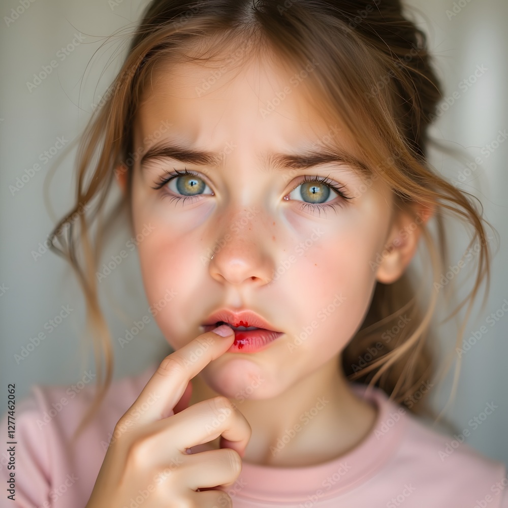Thoughtful Caucasian girl with a wound on her lip Thoughtful Caucasian girl with a wound on her lip