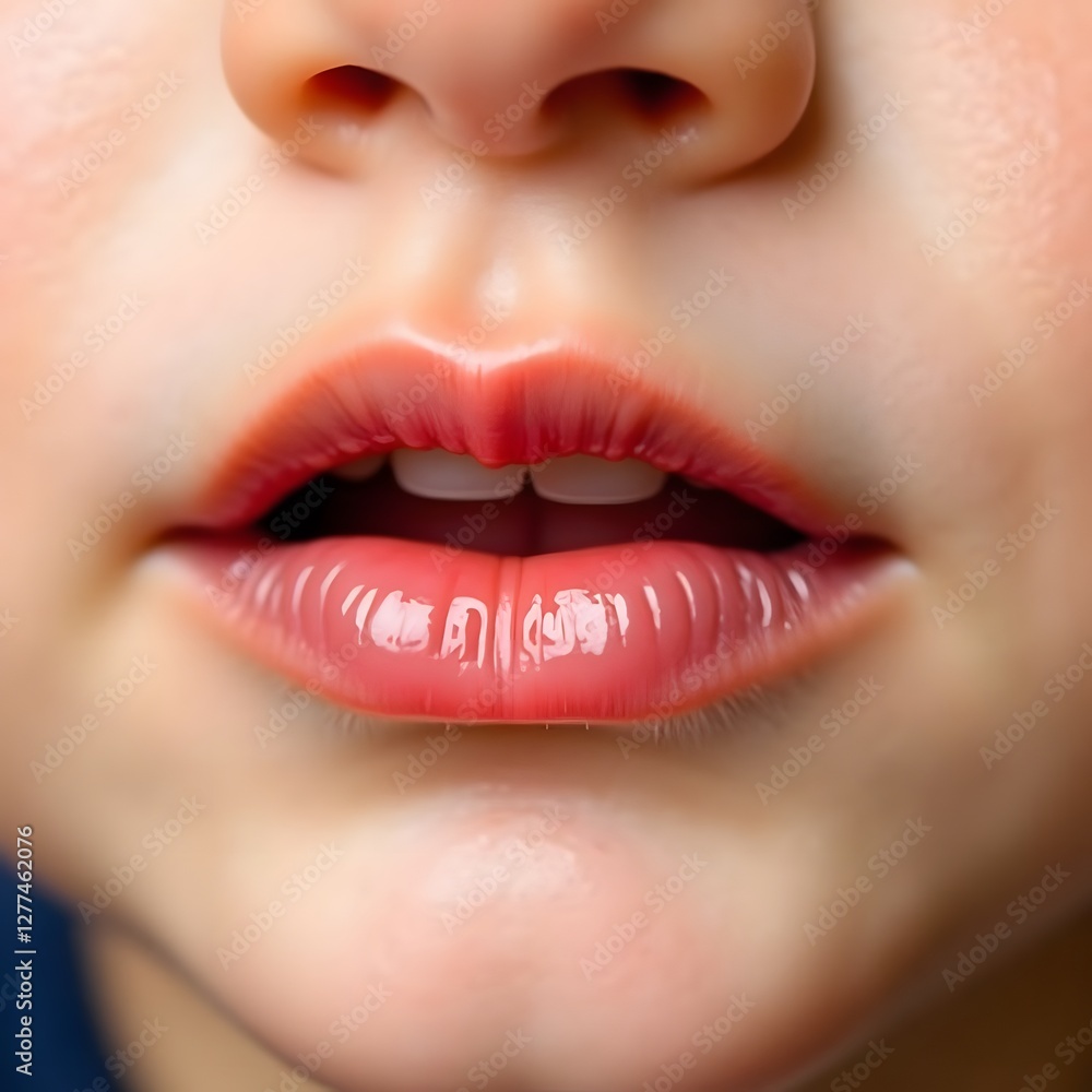 Fototapeta premium Close-up of child's glossy lips with soft features