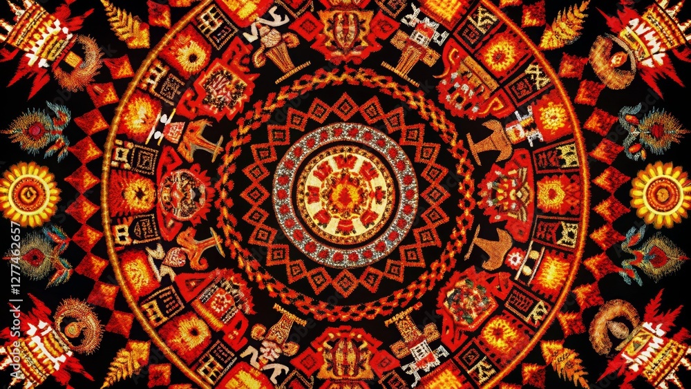 Obraz premium Circular Mandala Red and Gold Textile Design, Abstract Art, Symmetrical Composition, Ethnic Pattern mandala art, textile design