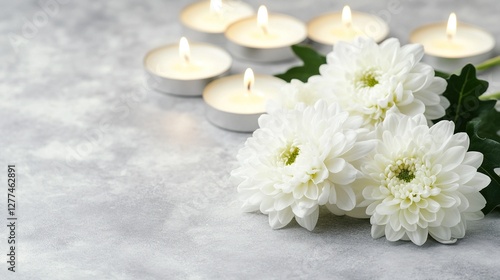 White Chrysanthemum Flowers   Burning Candles on Grey Background