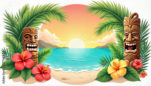 Tropical Hawaiian beach sunset with tiki statues, vibrant paradise