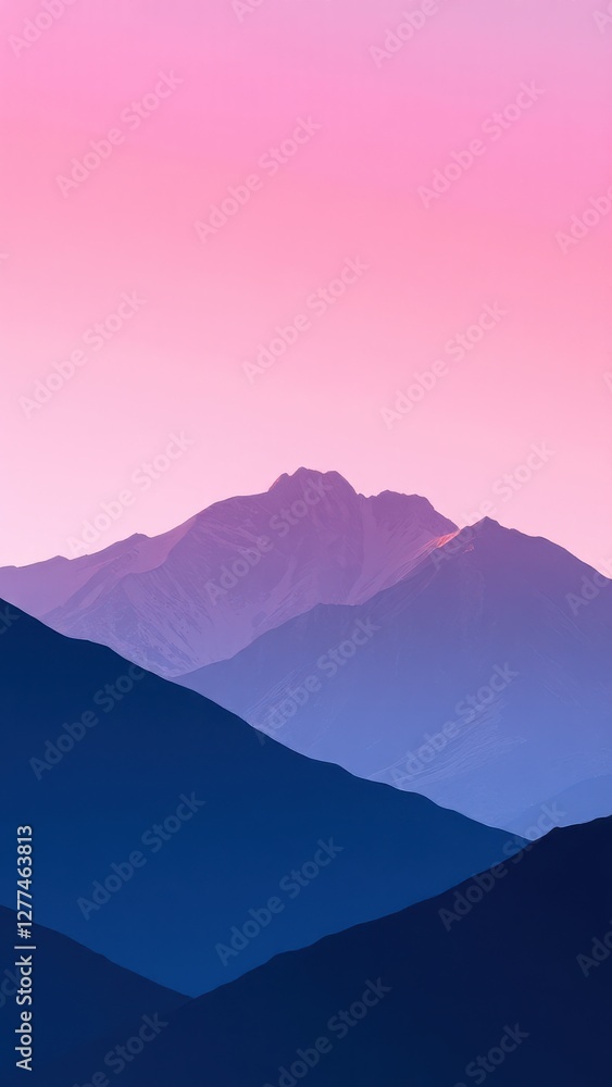 Fototapeta premium a digital artwork featuring a gradient of colors from light pink to dark blue, representing a mountainous horizon with an abstract, impressionistic approach..