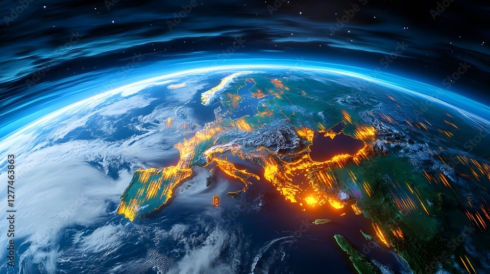 Obraz premium Europe Night Lights Earth Globe View - Futuristic Technology