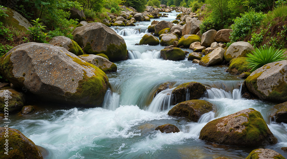 Fototapeta premium Pristine alpine stream flowing over moss-covered rocks, nature's beauty