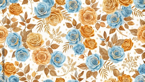 Seamless Watercolor Rose Pattern Blue and Gold Floral Design, Botanical Print, Flower Wallpaper Rose Pattern, Watercolor Roses