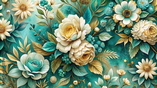 Teal and Gold Floral Composition Whimsical 3D Flower Arrangement, Botanical Art Print, ,Floral Design Keywords Floral, Art Print