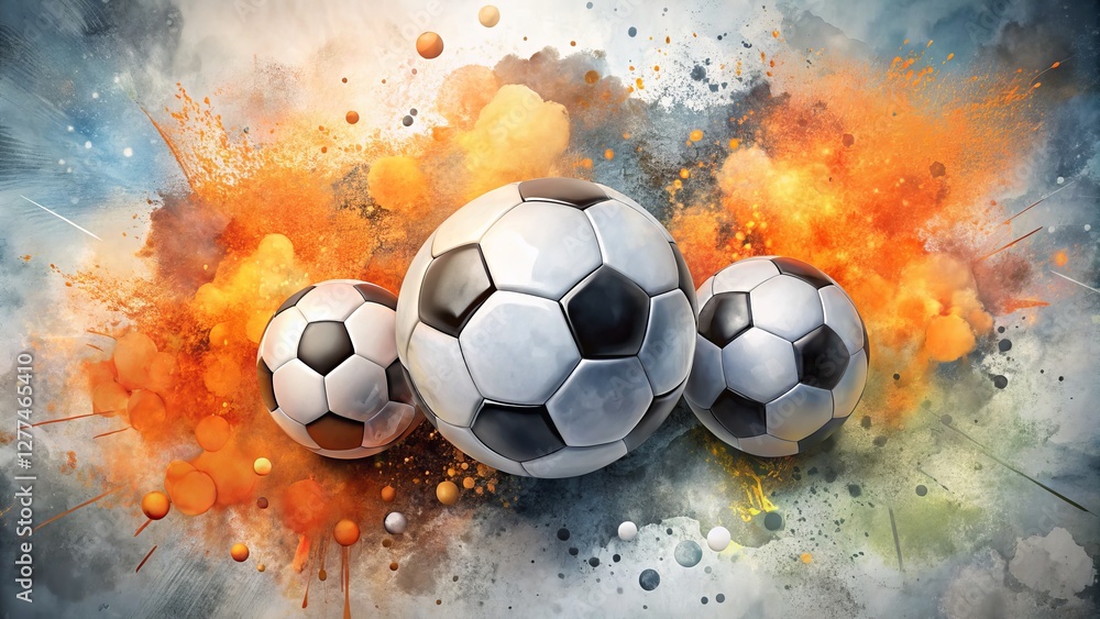 Fototapeta premium Three Soccer Balls in Exploding Color, Abstract Watercolor, Sports, Game, 3D Render. Soccer, Football