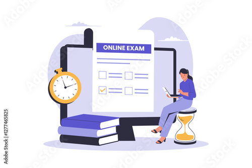 Illustration of online exam concept. Questionnaire form, online education, survey, internet quiz. Illustration for website, landing page, mobile app, poster and banner.