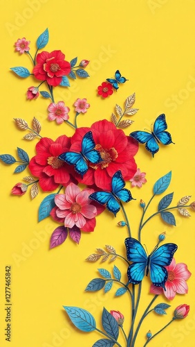a digital artwork featuring a yellow background with intricate paper-cut style flowers and leaves in shades of red, pink, blue, and gold. Include blue butterflies interacting with the flowers