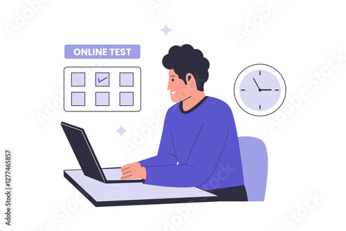 Illustration of online testing concept. Online education, questionnaire form, survey metaphor, answering an internet quiz, homework assignment. Illustration for websites, landing pages, mobile apps