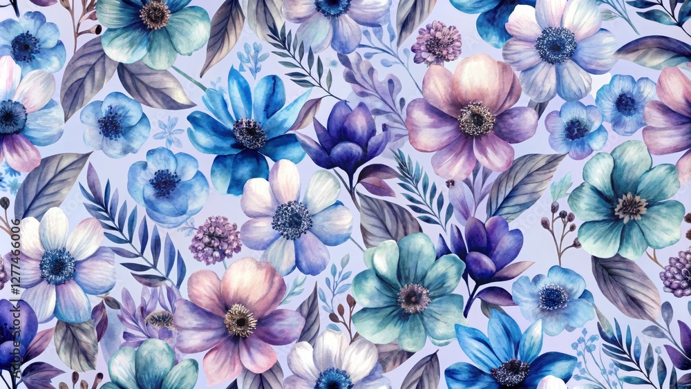 Fototapeta premium Watercolor Floral Seamless Pattern Blue and Purple Blooms, Lavender Background, Botanical Illustration, Flower Design Floral Pattern, Watercolor Painting