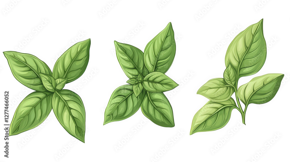 Fototapeta premium three distinct illustrations of basil leaves. showcasing their vibrant green color and varying shapes these detailed depictions highlight the texture and form of the leaves. making them suitable for c