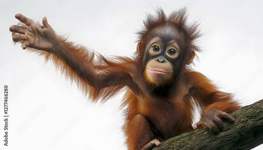 Naklejka premium Adorable orangutan baby sitting on a branch waving its hand