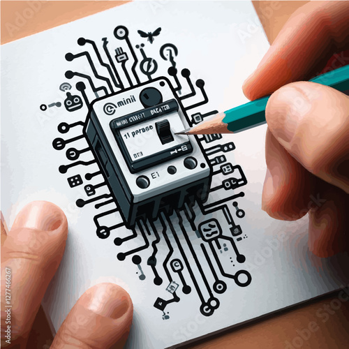 A creative illustration combining a miniature switch and a futuristic circuit design, representing technological innovation and digital integration